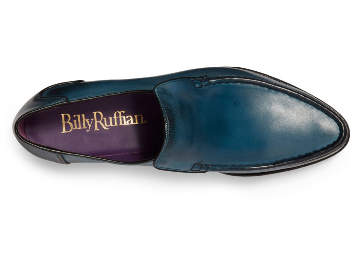 Overhead aspect of the Billy Ruffian Hoxton Moccasin in Washed Blue leather